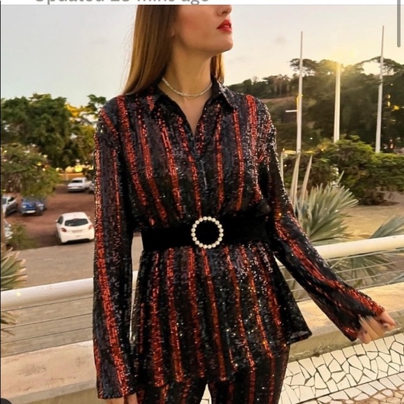 Zara sequin top black and orangey bronze button up shirt size Medium - Picture 5 of 13